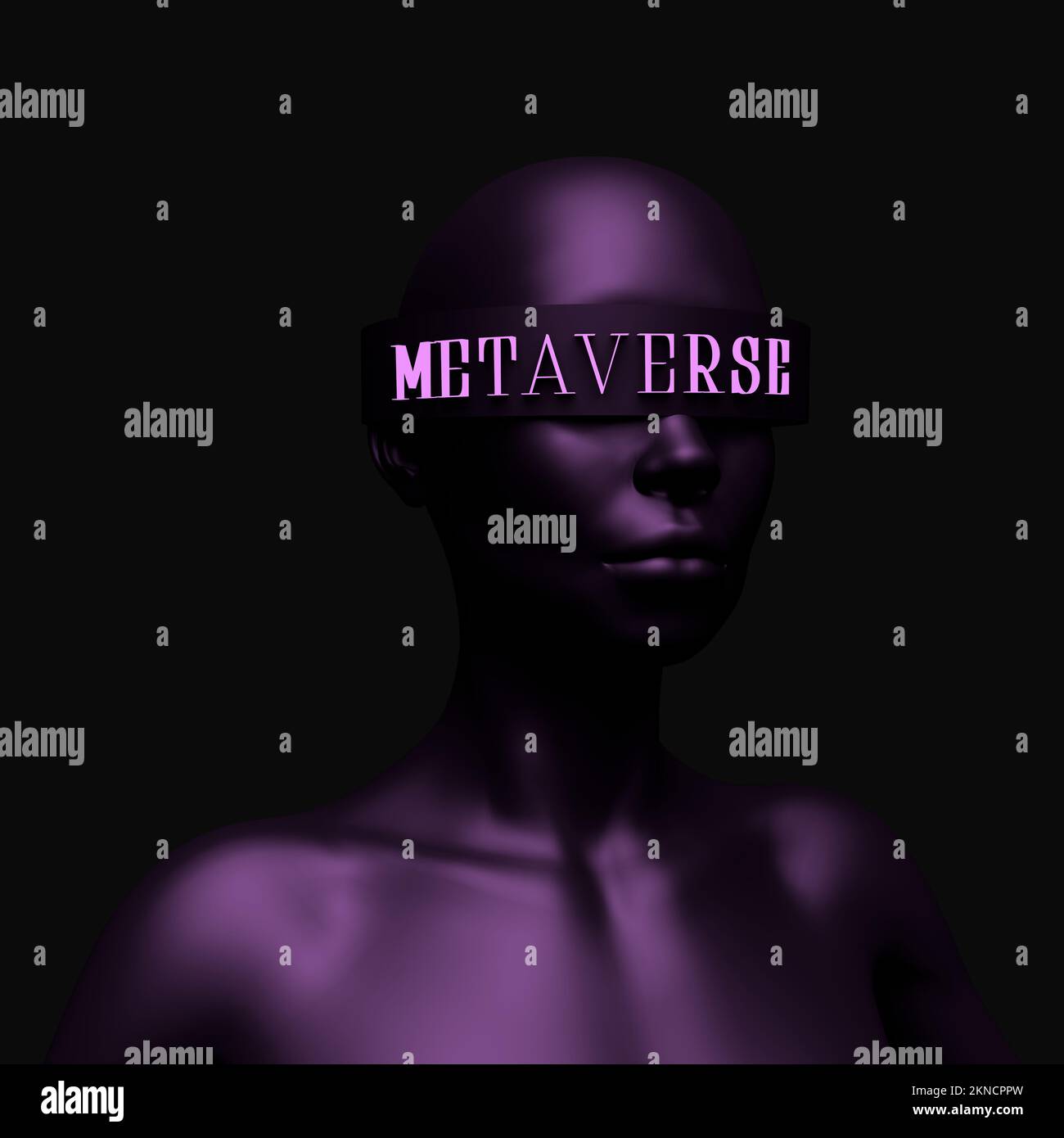 Die surreale Szene mit einem Mädchen, das eine Virtual-Reality-Brille trägt. metaverse Concept, nft, kreative Kunst und Technologie. 3D-Rendering Stockfoto