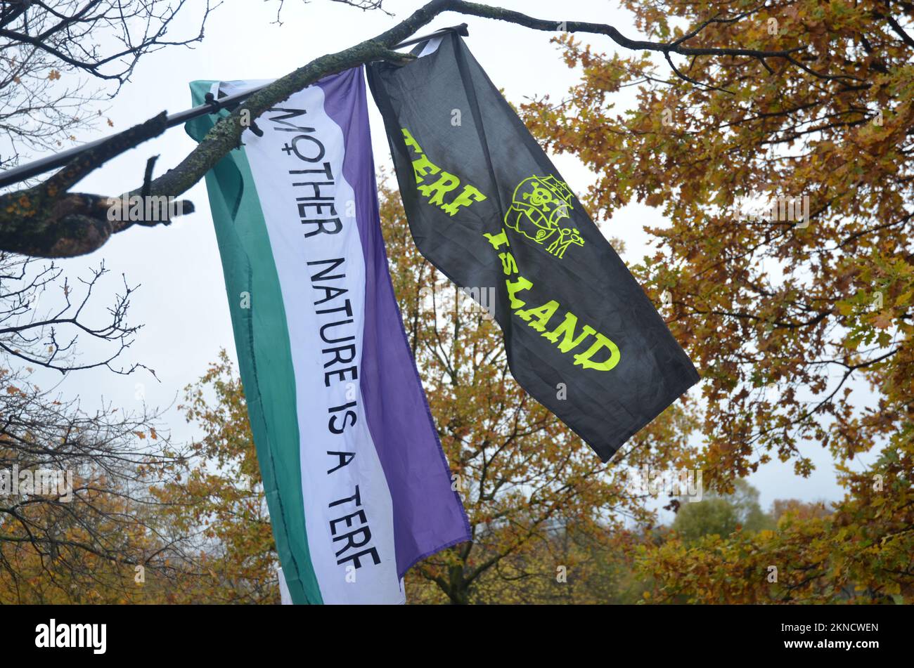Posie Parker und The Let Woman Speak Rallye 2022, Tor abgestürzt von Transaktionsaktivisten Stockfoto