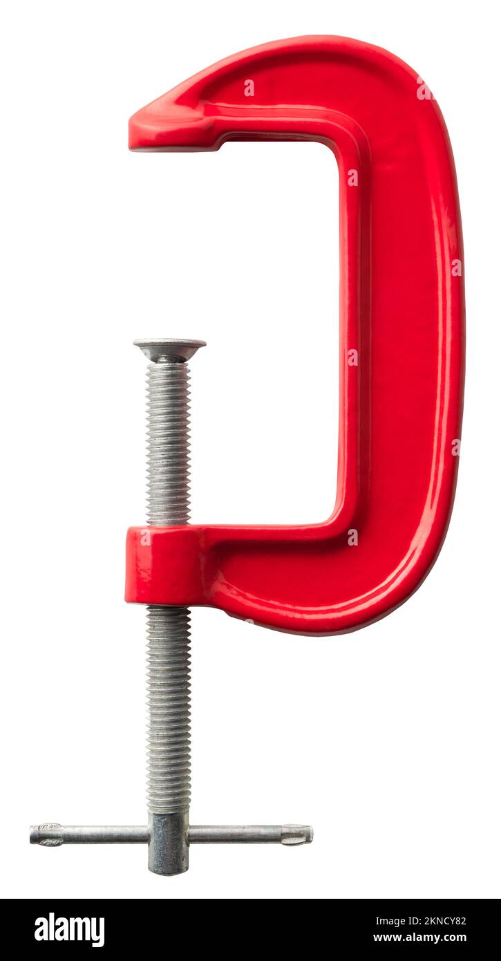 Einzelne rote Schraubklemme, Zimmermann oder Schlosser, isoliert auf weißem Hintergrund Stockfoto