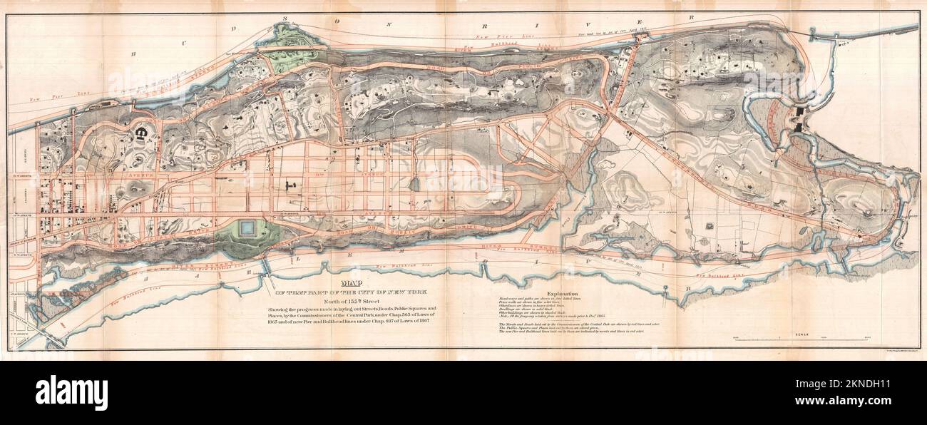 Oldtimer-Plan von New York City aus dem 19. Jahrhundert. Die Karten sind handillustriert und graviert und zeigen Central Park, Long Island, Brooklyn und Manhattan. Stockfoto