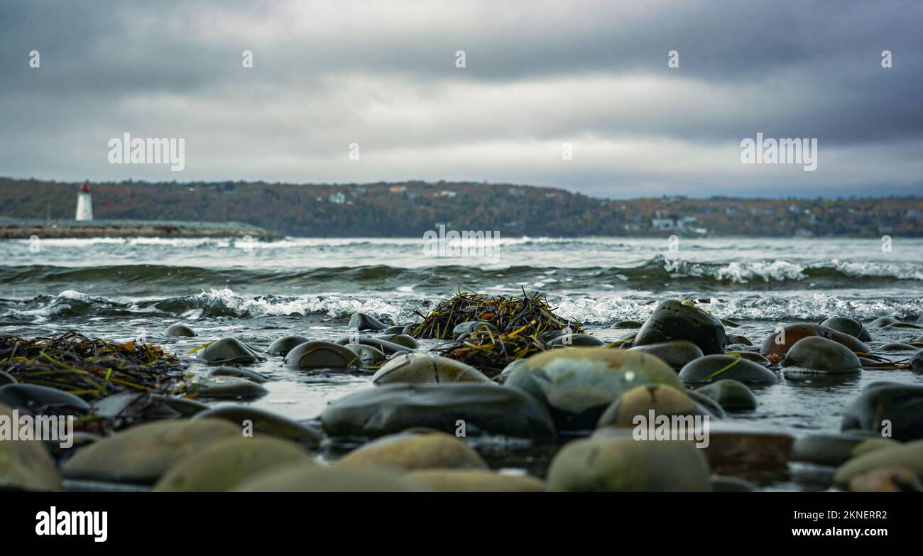 Blick auf den Maugers Beach Lighthouse vom Strand auf McNabs Island halifax Nova scotia canada bei Ebbe Stockfoto