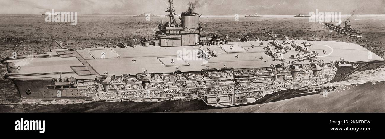 Eine Schnittzeichnung des Flugzeugträgers, Ark Royal. Von British Warships of the Royal Navy, veröffentlicht 1940 Stockfoto