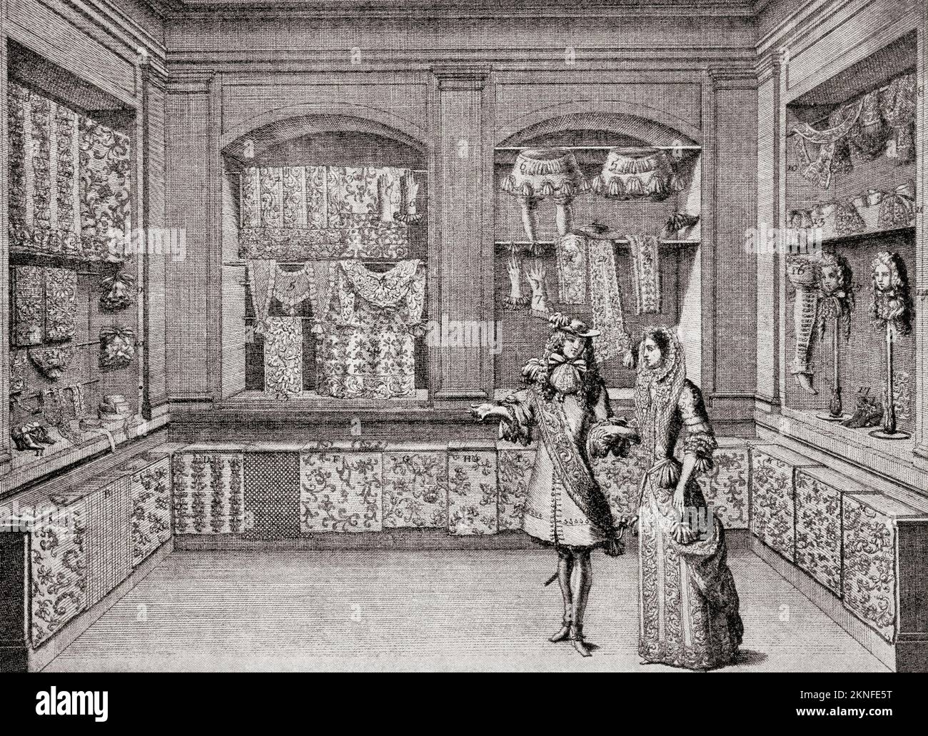 Ein Pariser Modegeschäft aus dem 17.. Jahrhundert, nach einem Werk von Jean Berain dem Jüngeren. Aus Modi und Manners, veröffentlicht 1935. Stockfoto