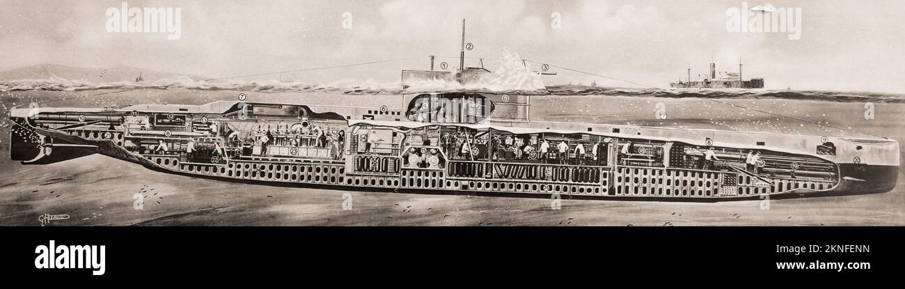 Eine Schnittzeichnung des Innenraums eines britischen U-Boots. Von British Warships of the Royal Navy, veröffentlicht 1940. Stockfoto