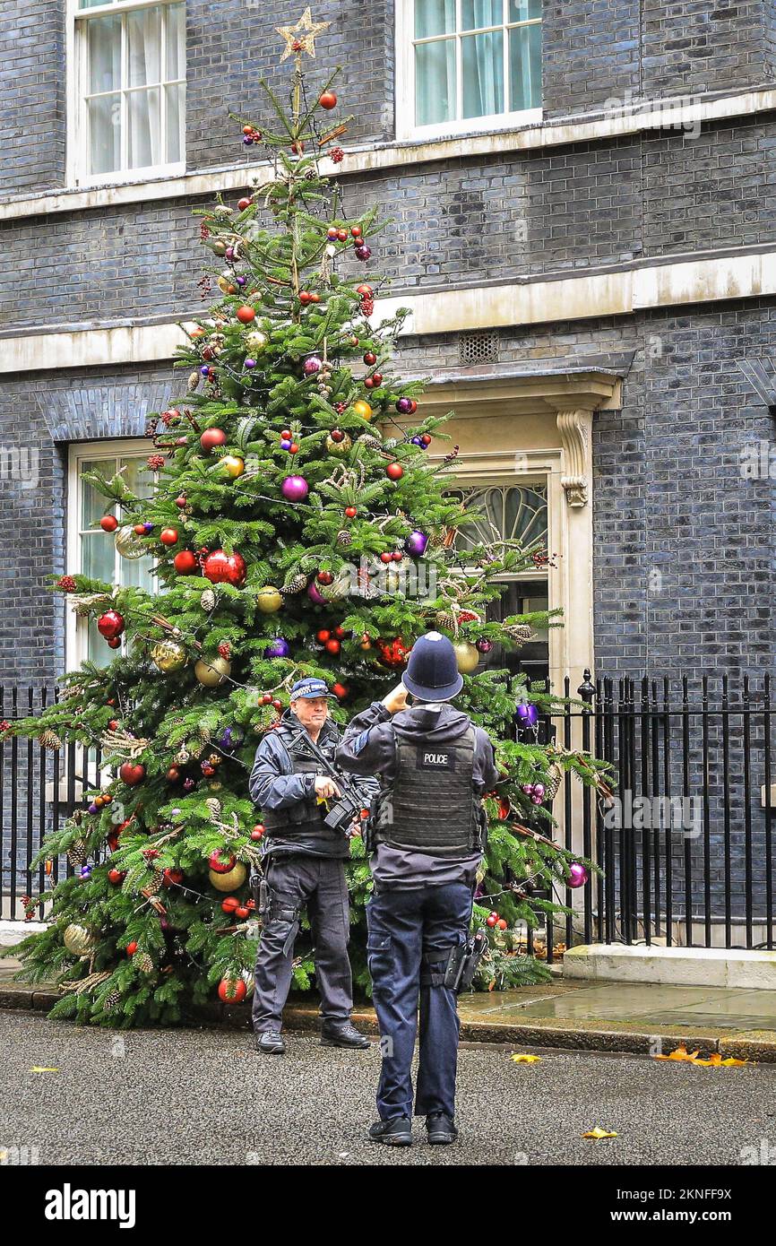 London, Großbritannien. 27.. November 2022. Zwei Polizisten machen Fotos mit dem Weihnachtsbaum. Der Downing Street Christmas Tree ist mit bunten Baumbällen dekoriert und verleiht der ansonsten grauen Straße trotz des schlechten Wetters einen festlichen Touch. Kredit: Imageplotter/Alamy Live News Stockfoto
