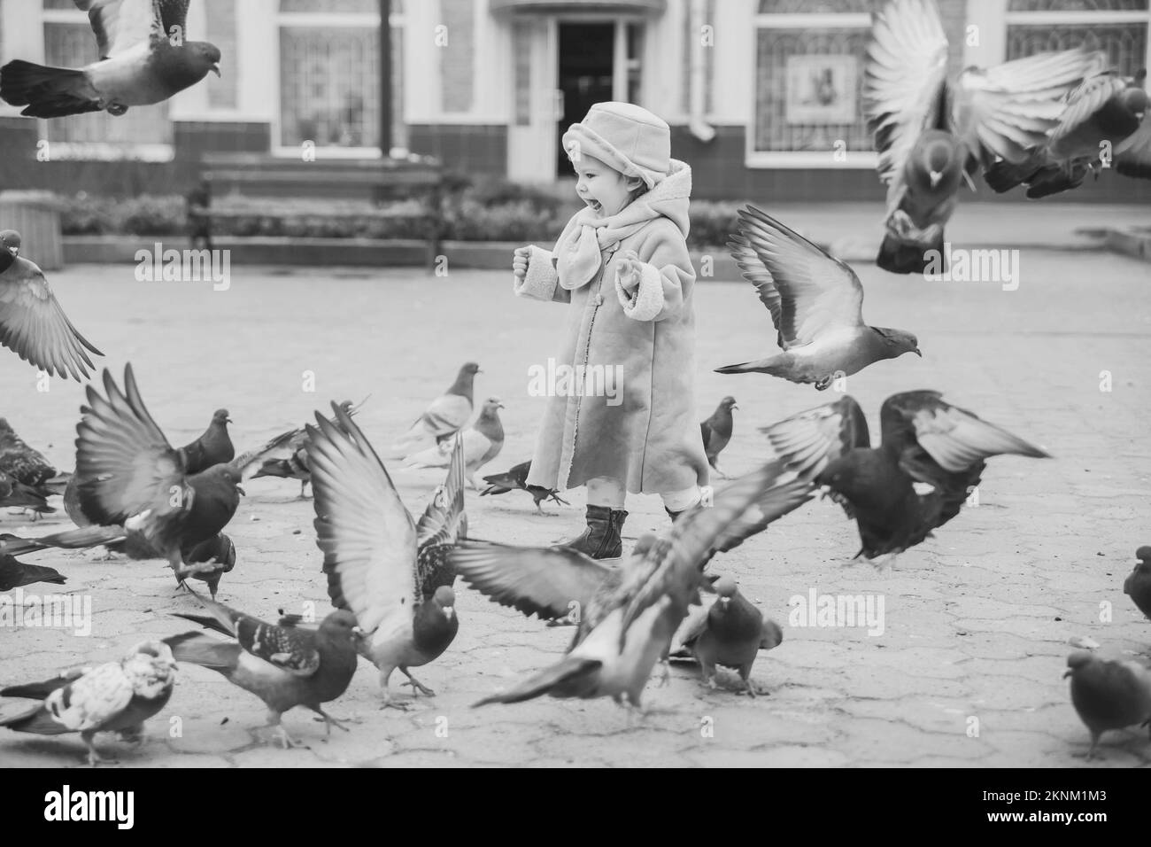 Das hübsche Baby im Mantel freut sich bei Tauben Stockfoto