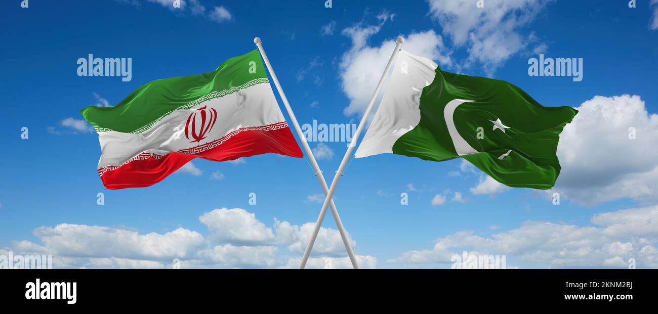 Zwei überkreuzte Flaggen Pakistan und Iran, die im Wind am bewölkten Himmel winken. Beziehungskonzept, Dialog, Reisen zwischen zwei Ländern. 3D Abbildung Stockfoto