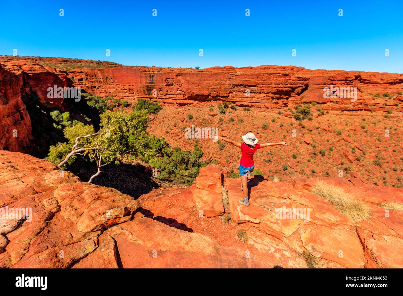 Wanderfrau mit offenen Armen am Rand des Kings Canyon. Genießen Sie das Red Center Outback. Sandsteinformationen im Watarrka-Nationalpark. King Canyon R Stockfoto