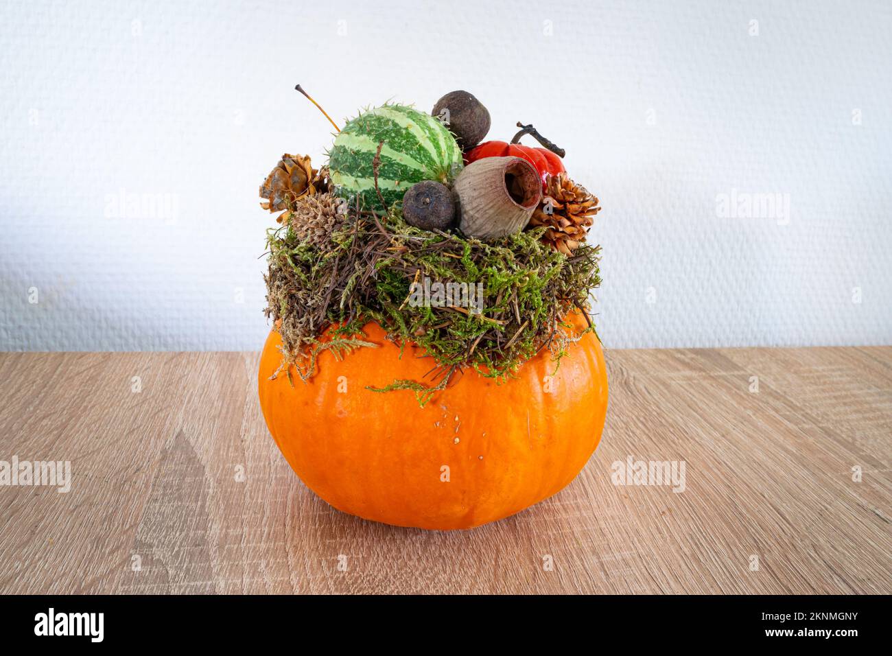 Orangefarbener Kürbis mit Herbstdekoration Stockfoto
