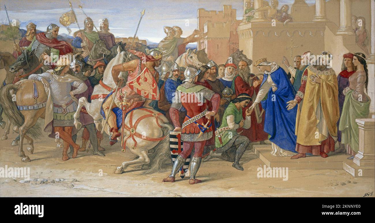 Frömmigkeit: Die Ritter der Tafelrunde starten in der Suche nach dem Heiligen Gral von William Dyce (1849) Stockfoto