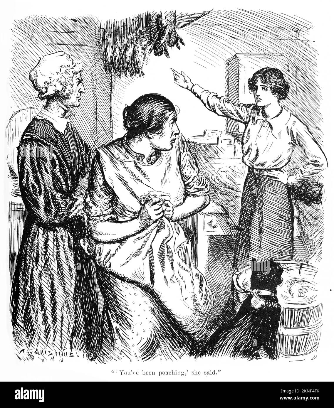 Gravur einer Frau, die den Koch beschuldigt, Kaninchen zu pochieren, um die Küche zu versorgen, um 1880 Stockfoto