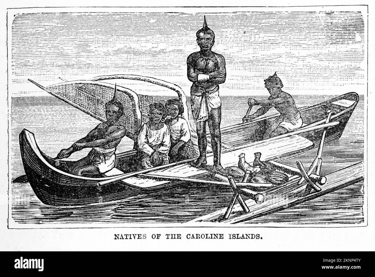 Gravur von Eingeborenen der Caroline Islands in ihrem Dugout-Kanu, ca. 1880 Stockfoto