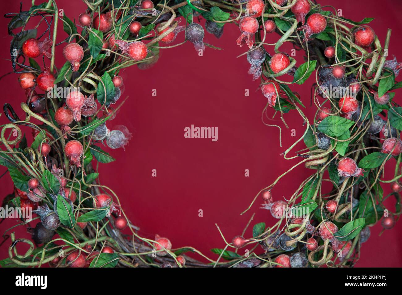 Farbenfroher Weihnachtskranz auf rotem Hintergrund. Wunderschöne Weihnachtsdekoration vor roter Kulisse. Stockfoto