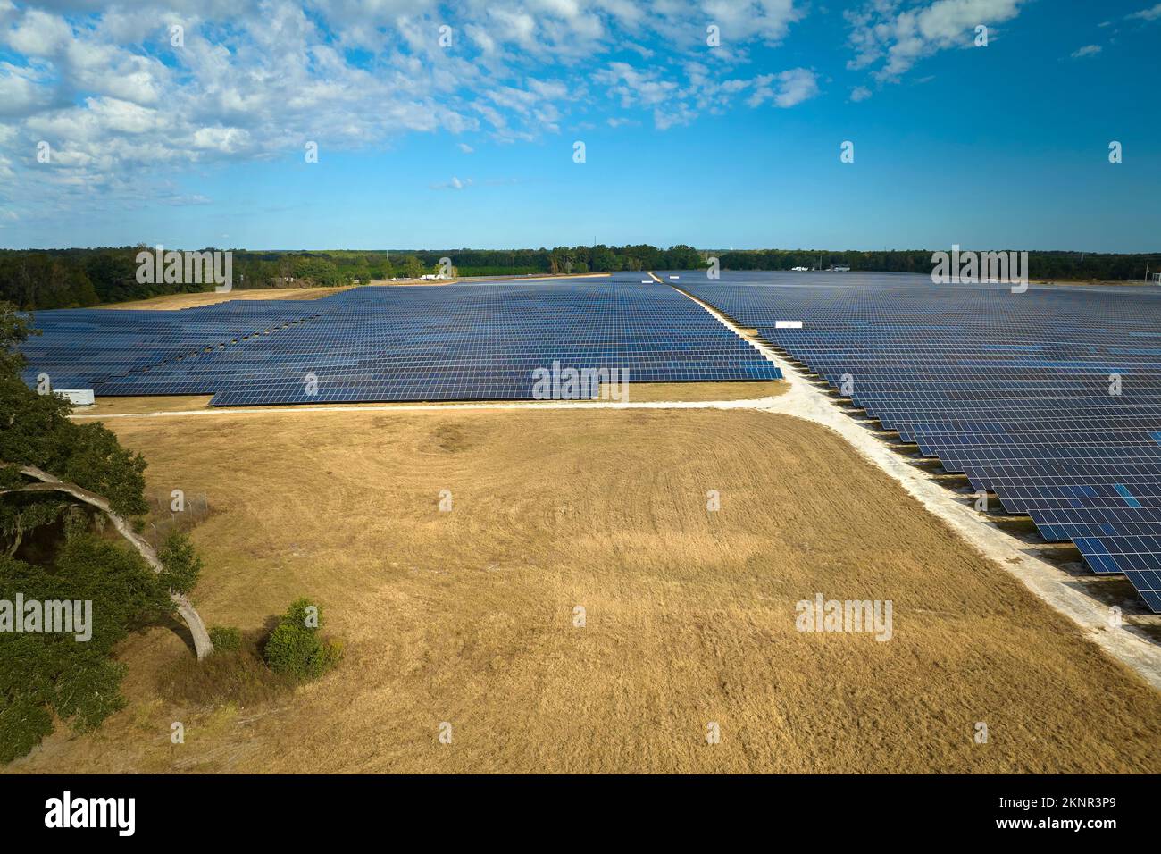 Luftaufnahme eines großen nachhaltigen Elektrokraftwerks mit Reihen von Photovoltaik-Solarmodulen zur Erzeugung sauberer elektrischer Energie. Konzept von Stockfoto