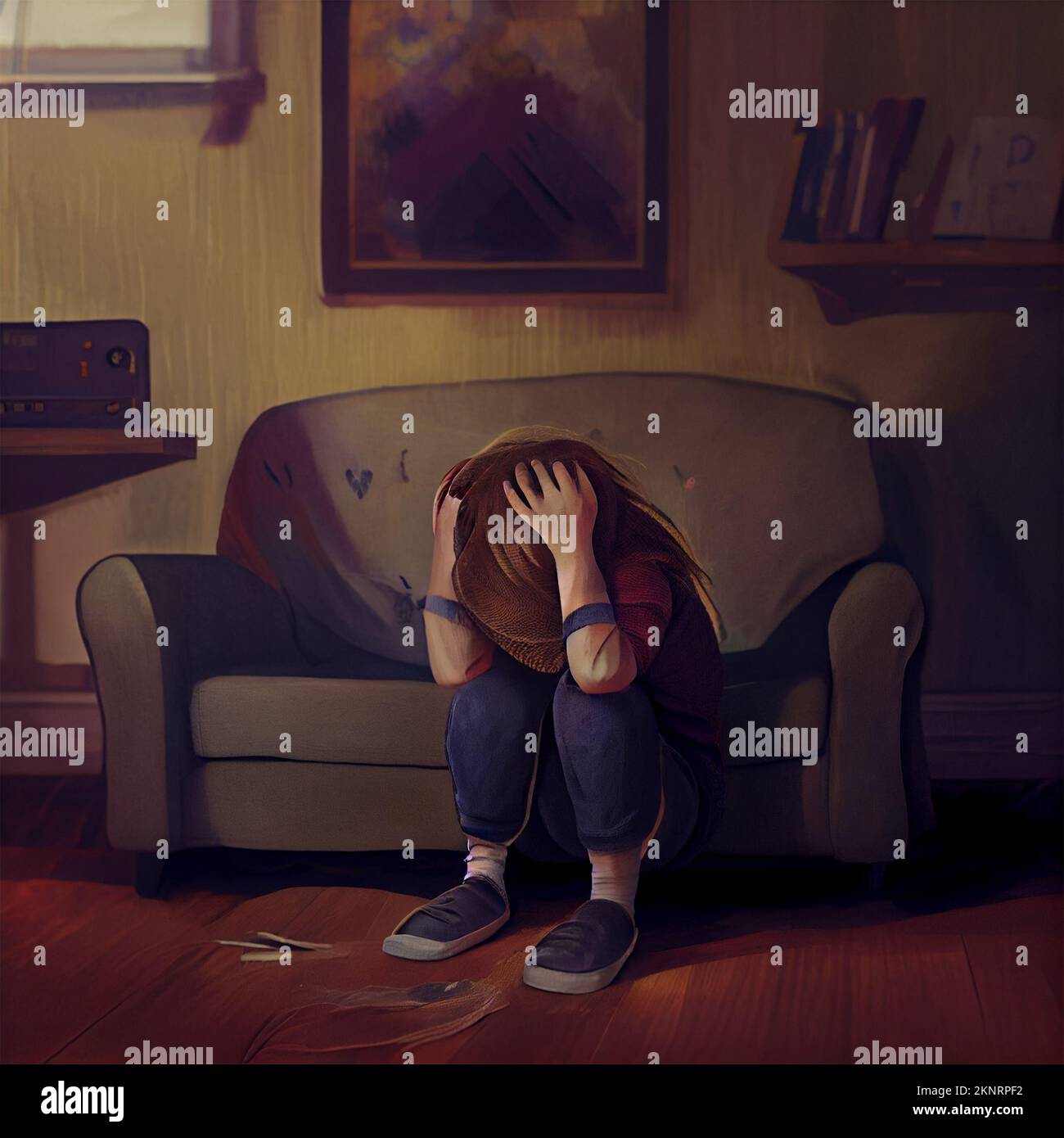 Konzeptkunstzeichnung. Depressions-/Traurigkeitskonzept: Ein Kind, das auf einer Couch sitzt, den Kopf um den Kopf legt und nach unten schaut. Digital generiert Stockfoto