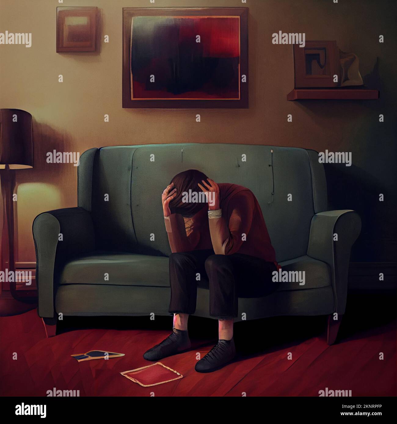 Konzeptkunstzeichnung. Depression/Traurigkeit-Konzept: Ein Mann, der auf einer Couch sitzt, mit den Köpfen um den Kopf herum sitzt und nach unten schaut. Digital generiert Stockfoto