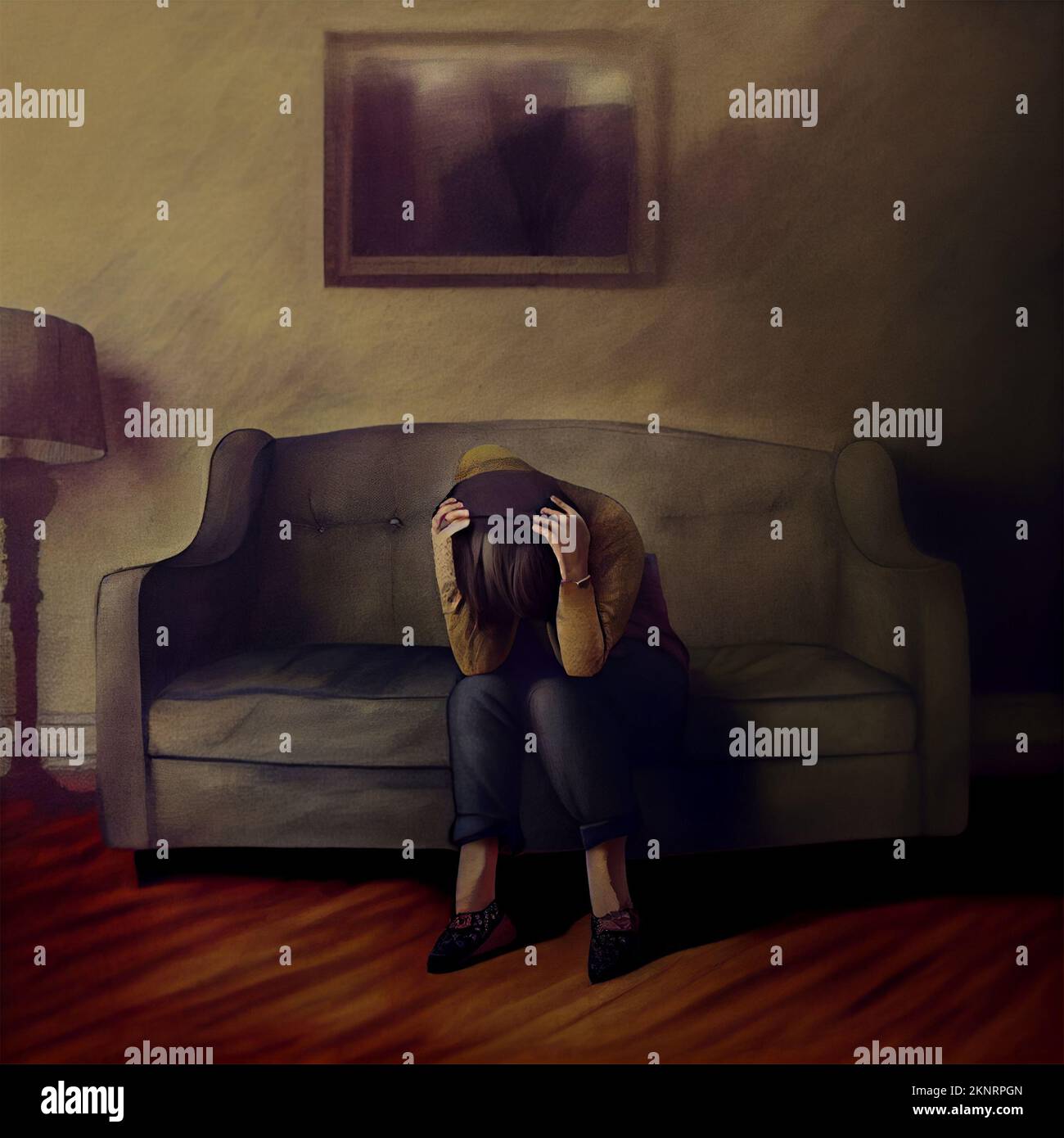 Konzeptkunstzeichnung. Depression/Traurigkeit-Konzept: Eine Frau, die auf einer Couch sitzt, den Kopf um den Kopf legt und nach unten schaut. Digital generiert Stockfoto