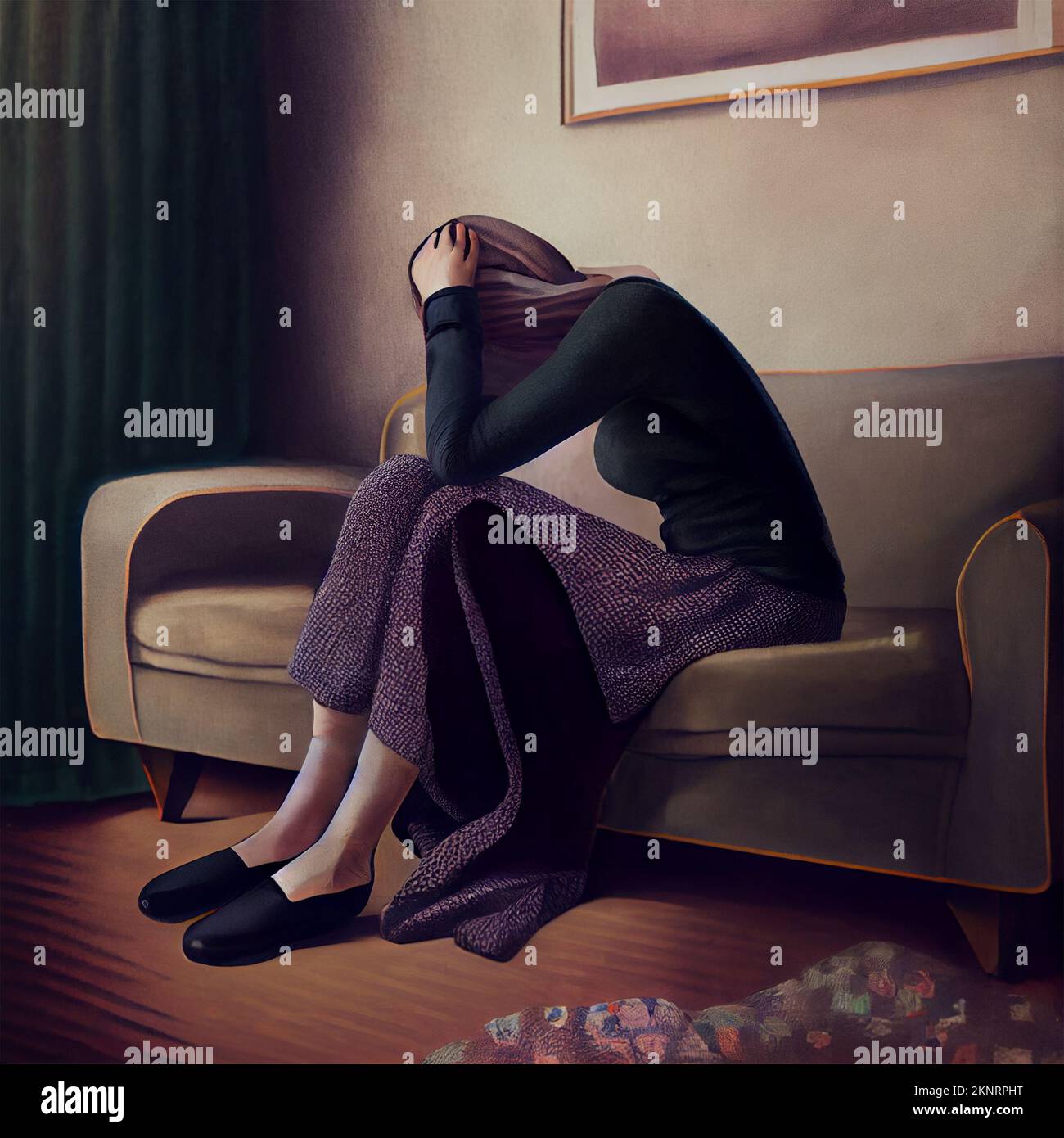 Konzeptkunstzeichnung. Depression/Traurigkeit-Konzept: Eine Frau, die auf einer Couch sitzt, den Kopf um den Kopf legt und nach unten schaut. Digital generiert Stockfoto