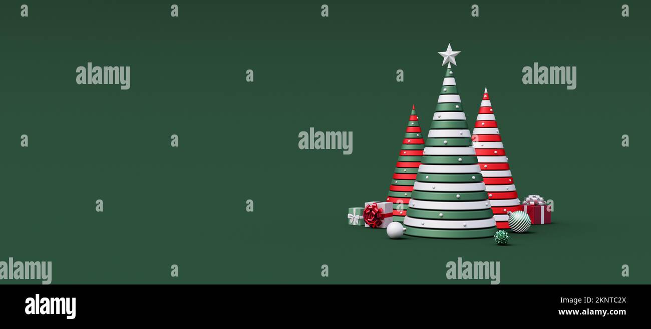 Modern dekorierter Weihnachtsbaum mit Geschenken und Ornamenten auf grünem Hintergrund 3D-Darstellung von 3D Stockfoto