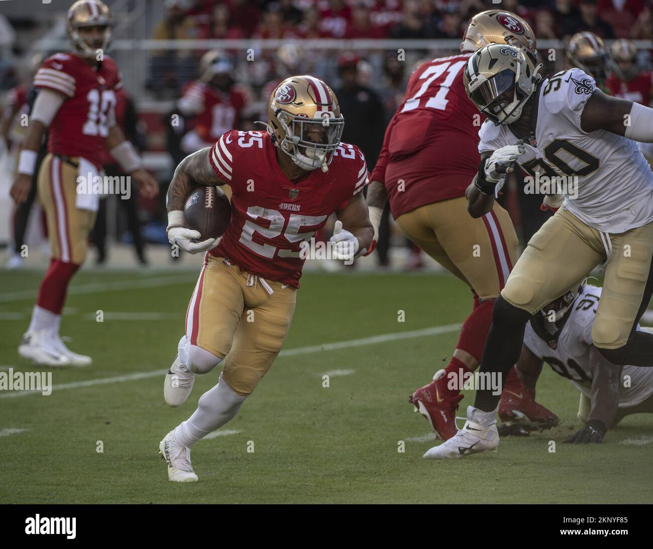 Santa Clara, United States. 27th Sep, 2021. San Francisco 49ers runningback  Trenton Cannon (49) fends off Green Bay Packers cornerback Shemar  Jean-Charles (22) at Levi's Stadium in Santa Clara, California on Sunday