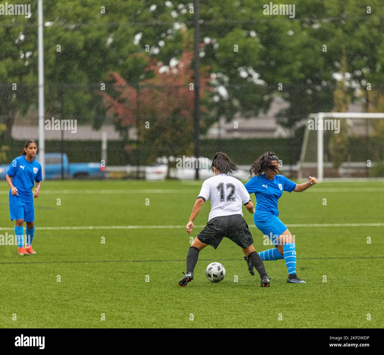 Kinder-Fußballspieler, die spielen. Fußballspieler für junge Mädchen, die an der lokalen Meisterschaft auf dem Rasenfußballfeld teilnehmen - Surrey BC Kanada-Oktober Stockfoto