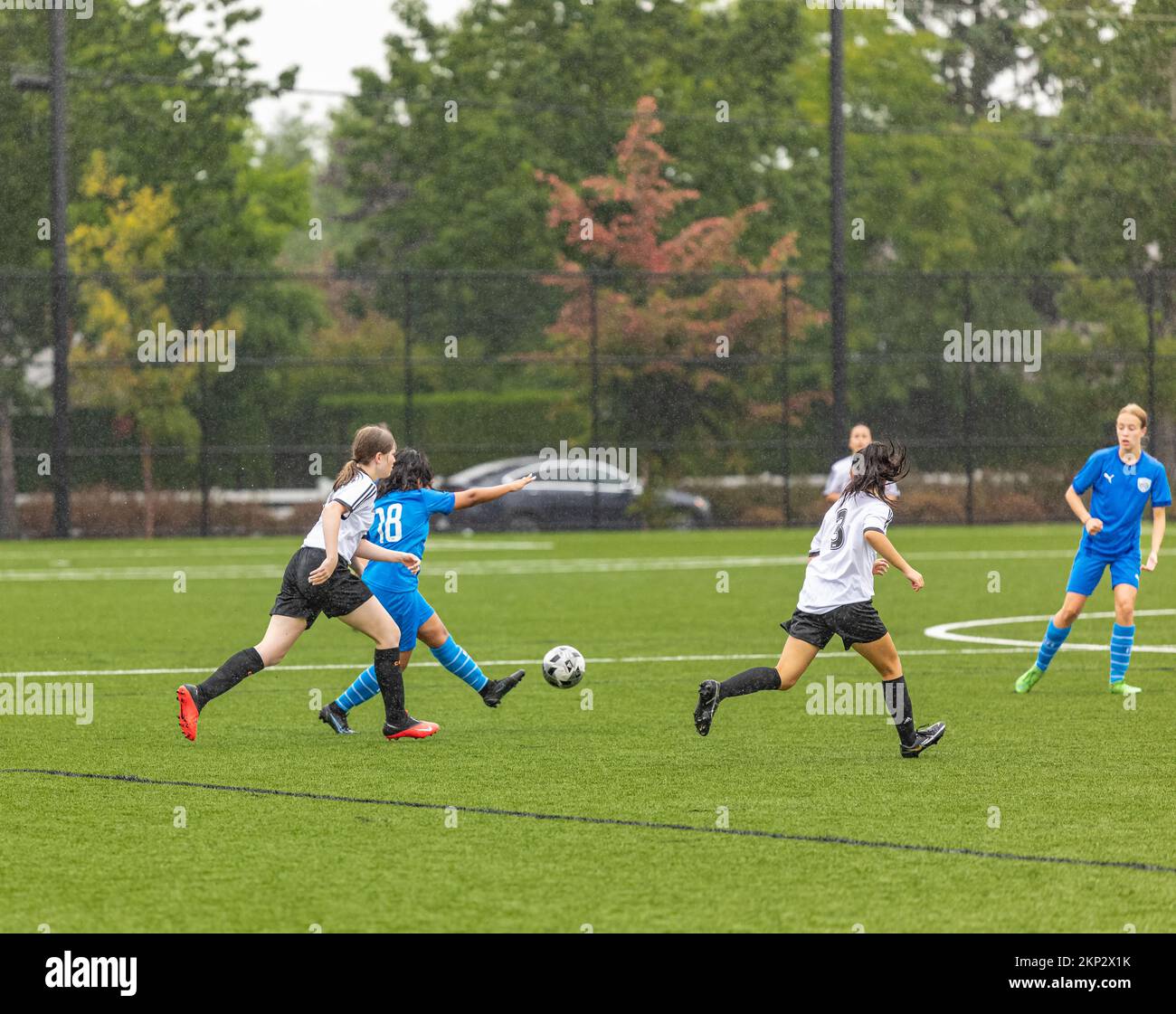 Kinder-Fußballspieler, die spielen. Fußballspieler für junge Mädchen, die an der lokalen Meisterschaft auf dem Rasenfußballfeld teilnehmen - Surrey BC Kanada-Oktober Stockfoto