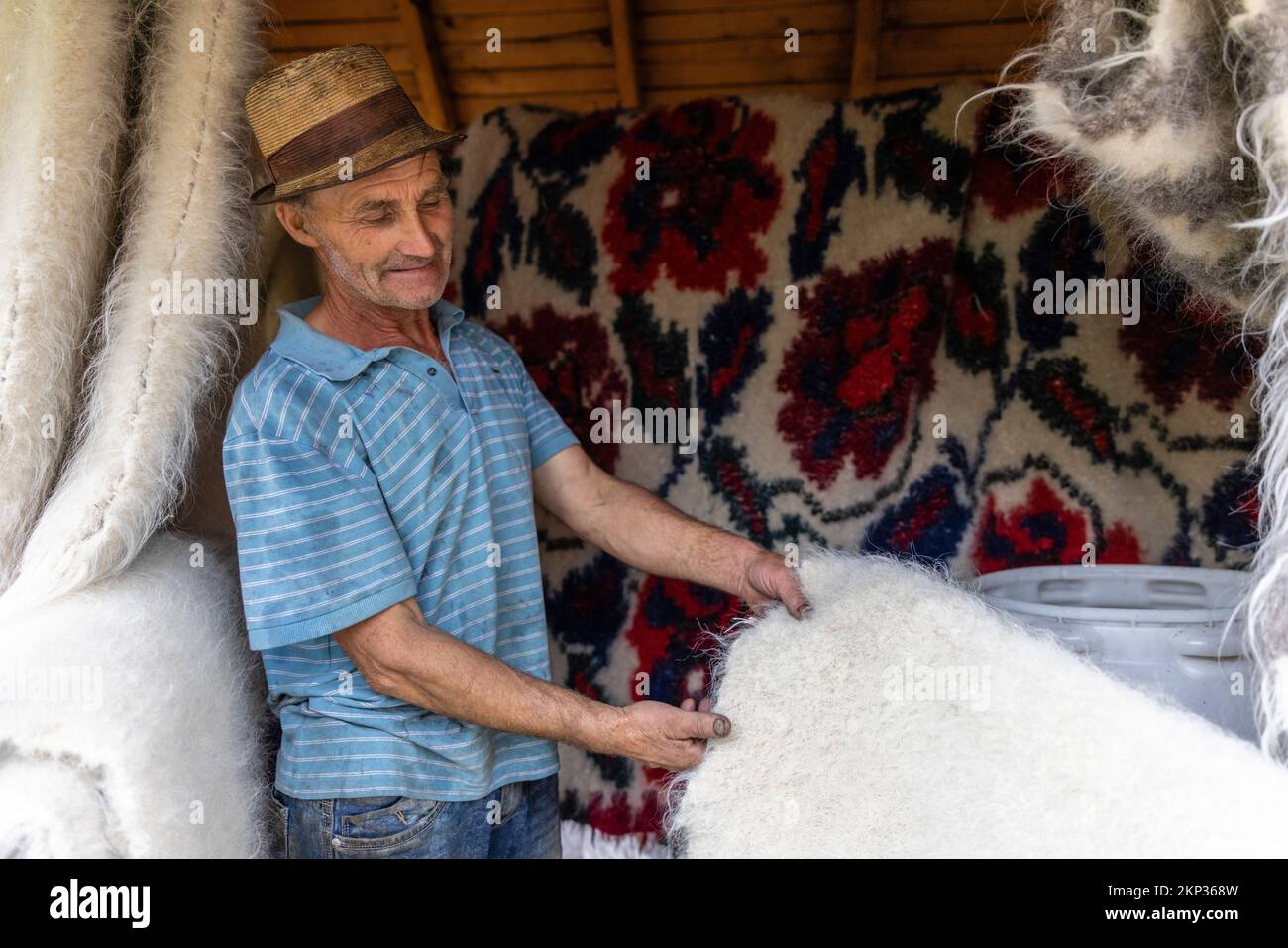 Wollklopfen im Dorf Sârbi, Maramures, Rumänien Stockfoto