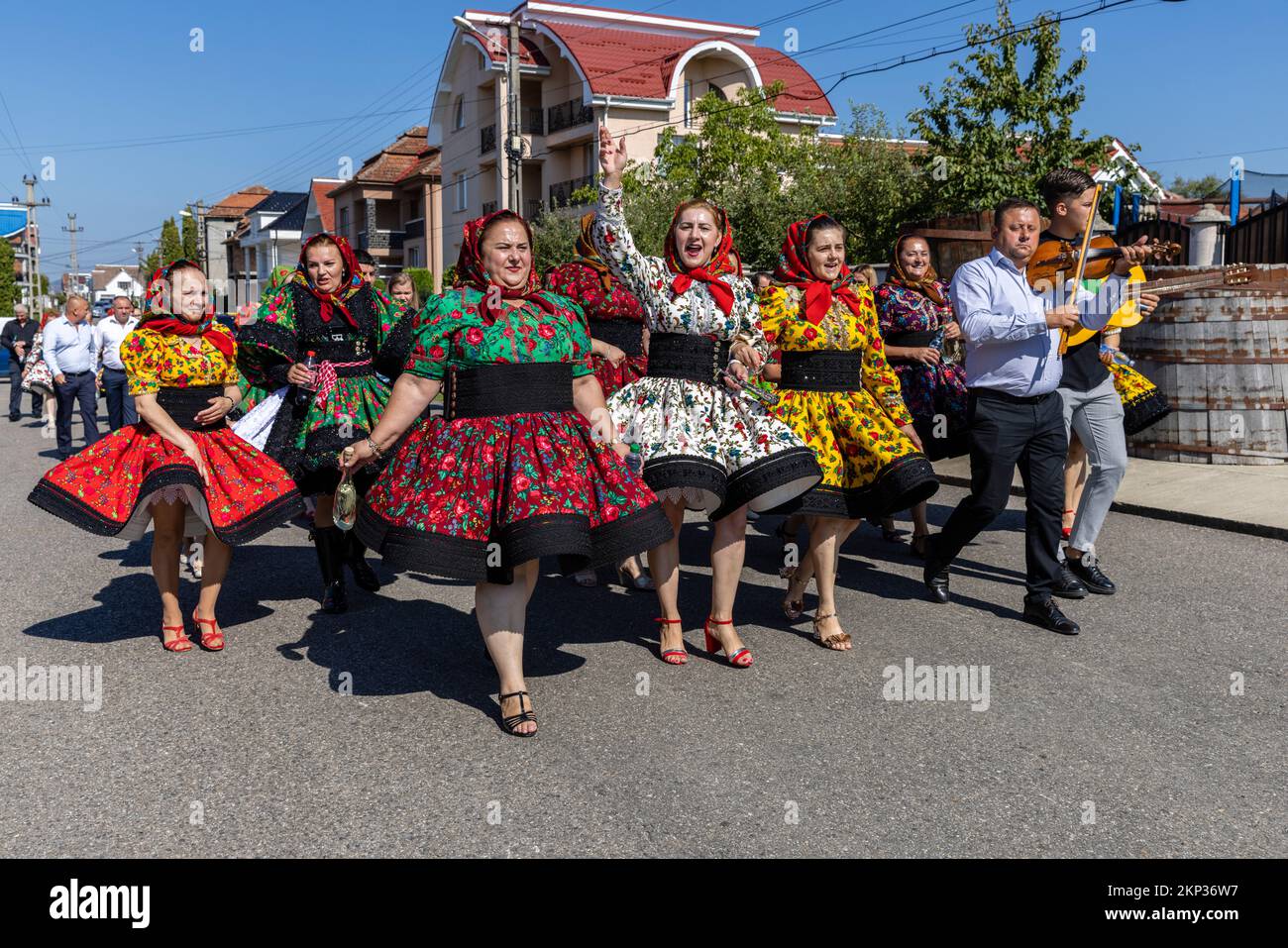 Traditionelle Hochzeitsprozession durch das Dorf Certeze, Satu Mare, Rumänien Stockfoto