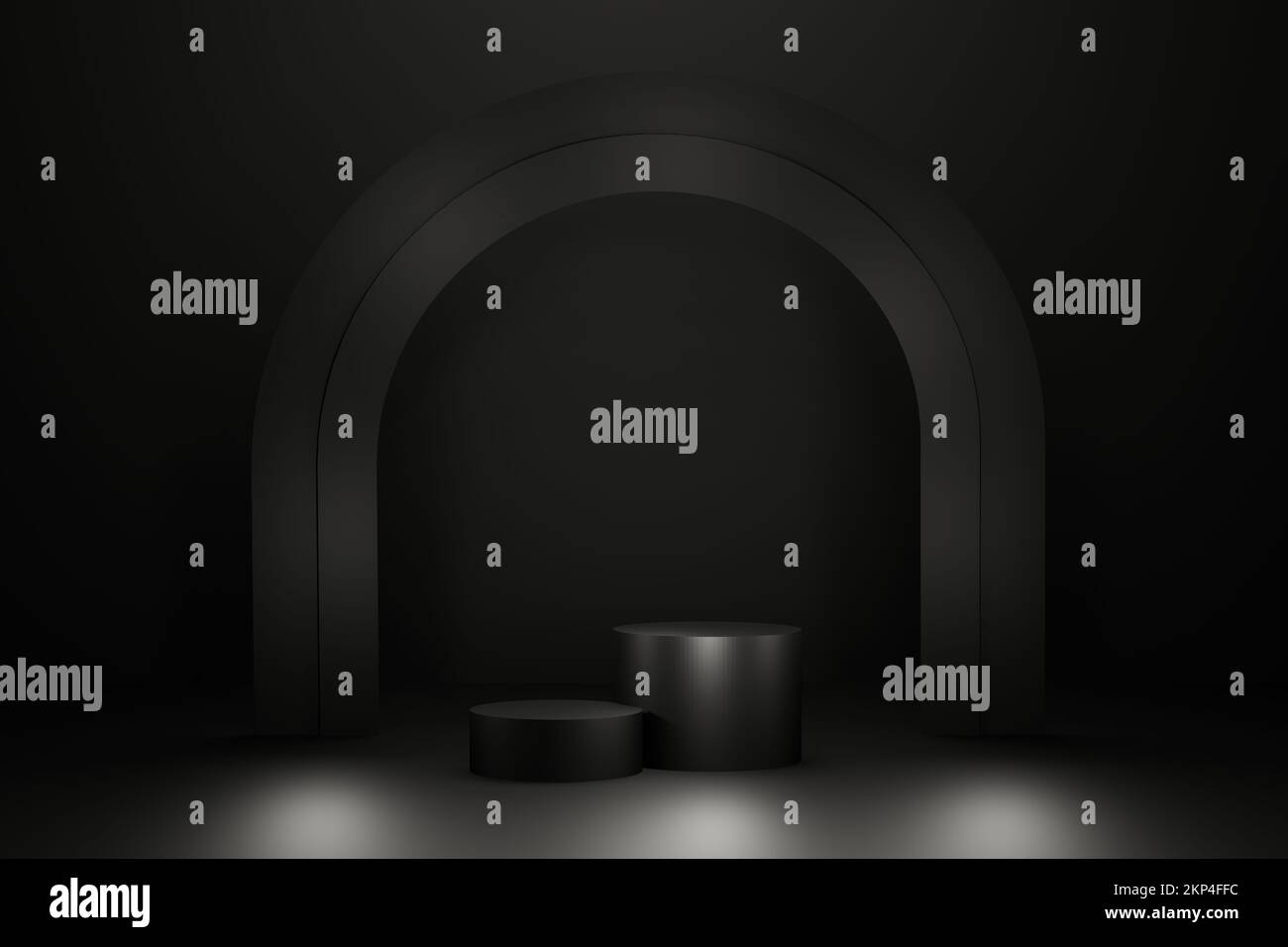 Schwarzer Bogen und zylindrische Plattformbühne für die Werbung von Produkten auf dunklem Hintergrund 3D-Rendering. Stockfoto