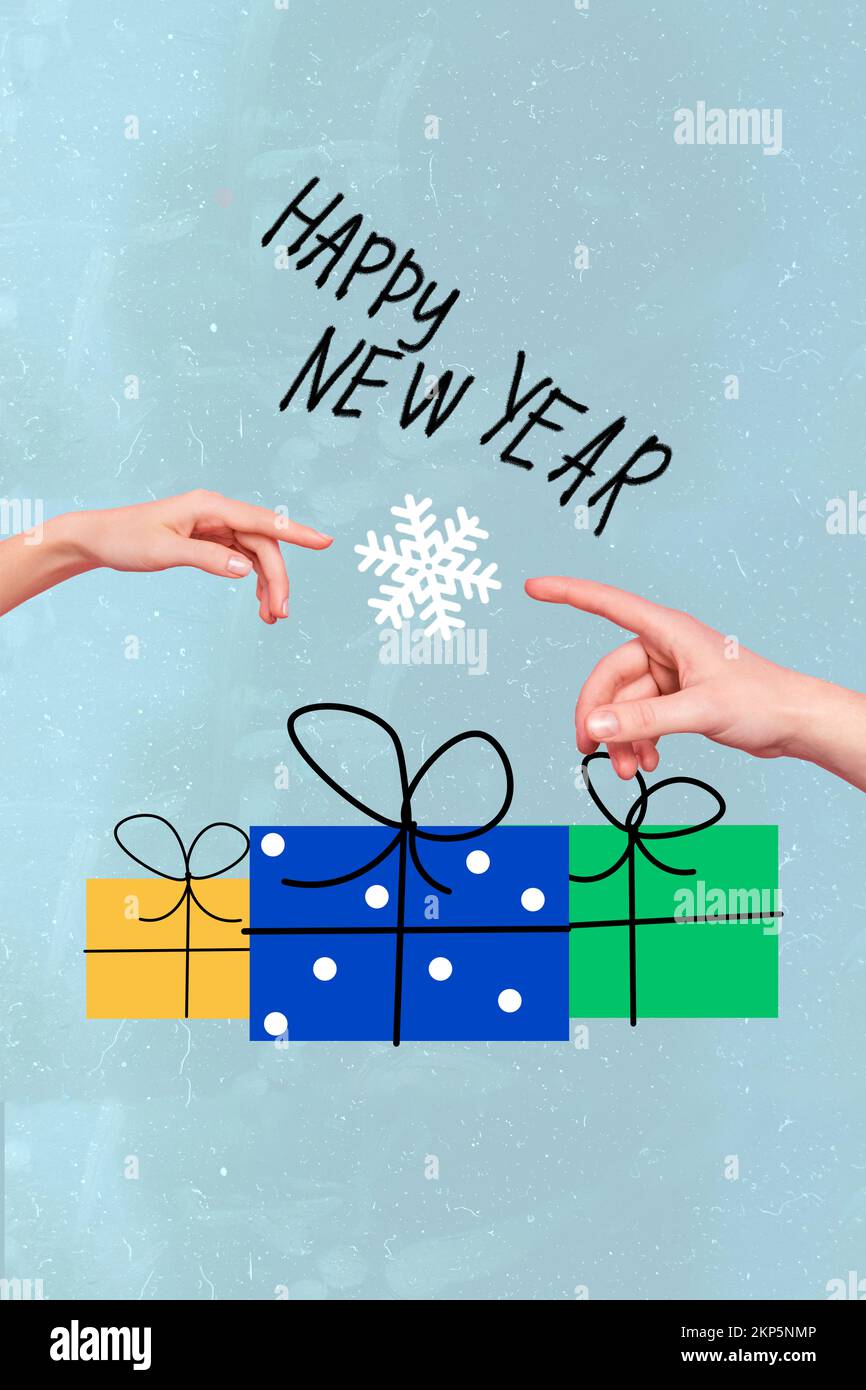 Vertikales Collagenbild von zwei Armen mit spitzen Fingern Schneeflocke festliche geschenkbox isoliert auf kreativ bemaltetem Hintergrund Stockfoto