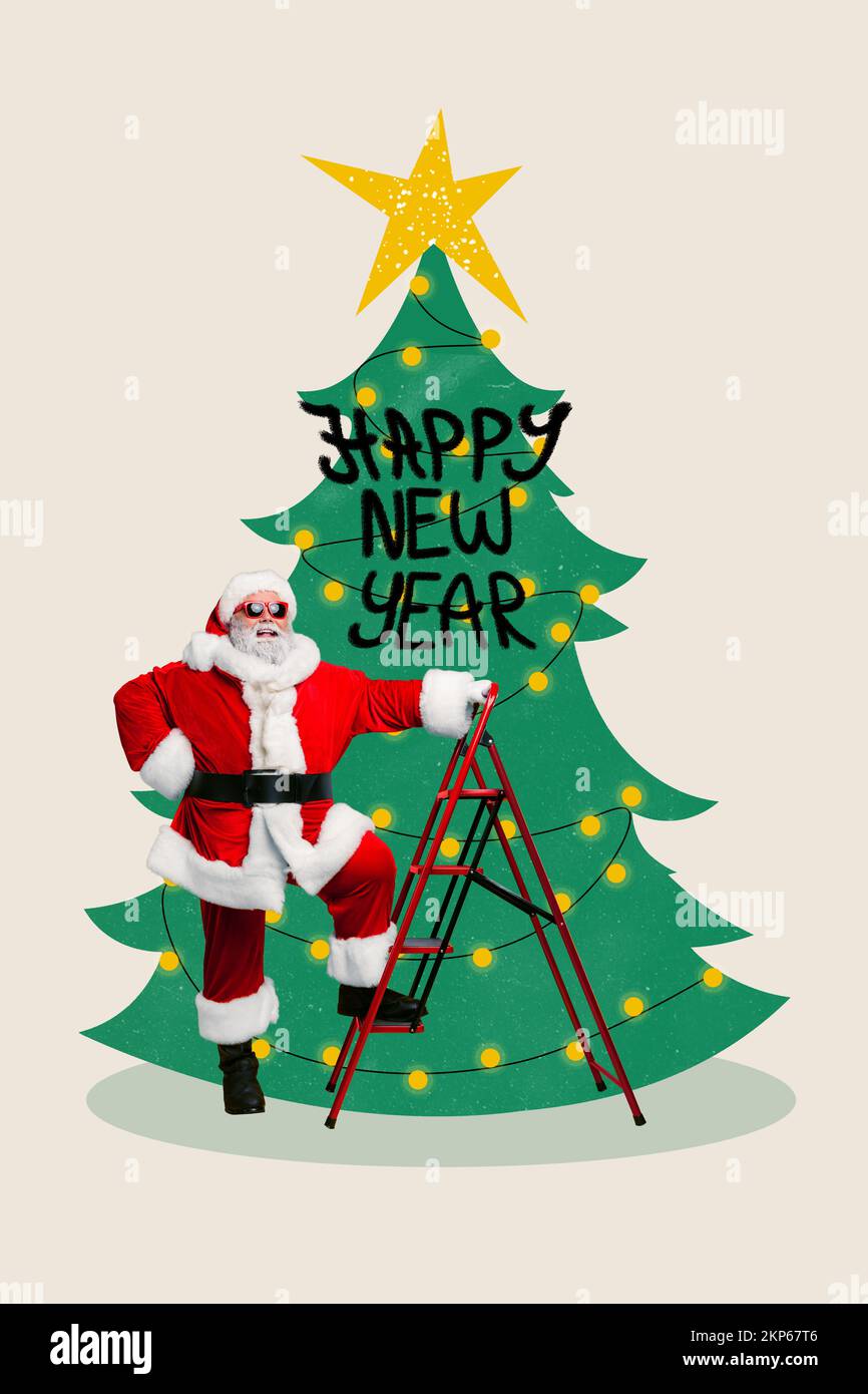 Vertikale Collage Illustration der flippigen santa Kletterleiter Dekoration Neujahr Baum frohes neues Jahr Text isoliert auf lackiertem Hintergrund vorbereiten Stockfoto