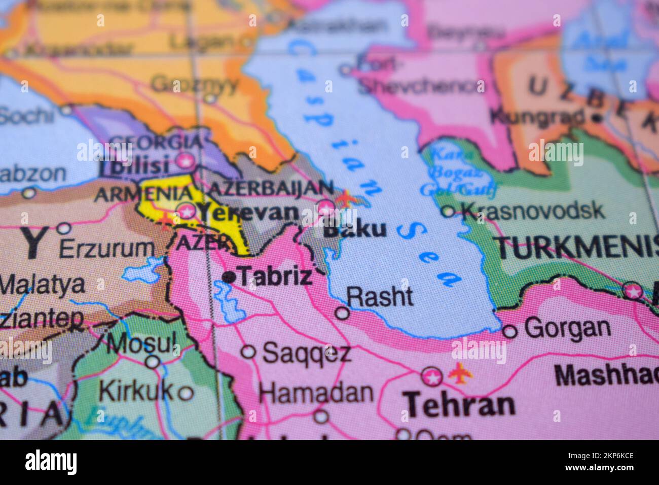 Baku auf der politischen Karte Reisekonzept Makro Nahansicht Stockfoto