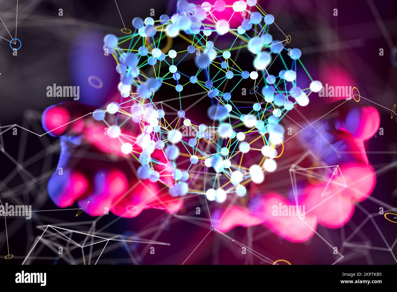 Ein 3D-Rendering neuronaler Netzwerke, Blockchains - Globales Netzwerkkonzept Stockfoto