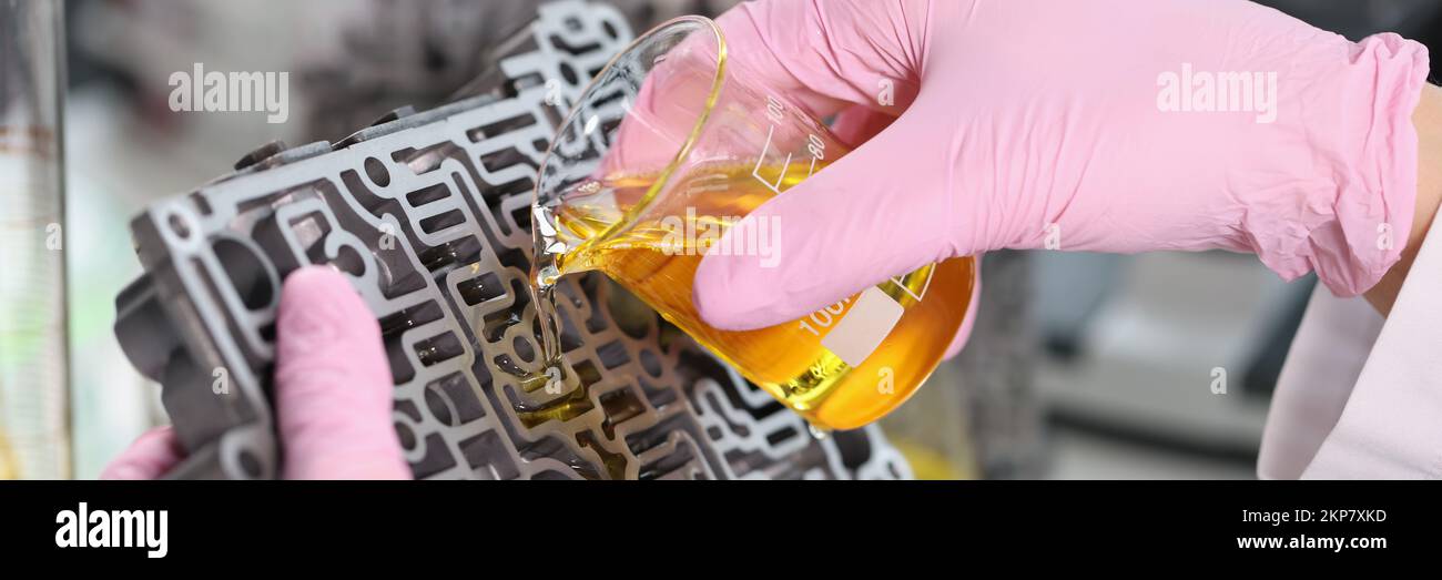 Männlicher Mechaniker gießt gereinigtes Öl auf Automobilteil und schmiert Transportdetails Stockfoto