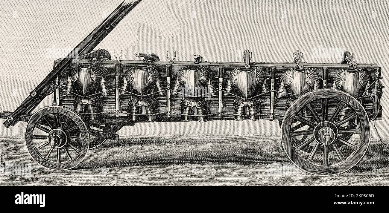 Orgelwagen für den Transport von Kürassen oder Gürteln, zur Zeit Heinrich II., Frankreich. Alte, gravierte Illustration aus dem 19.. Jahrhundert von La Nature 1890 Stockfoto