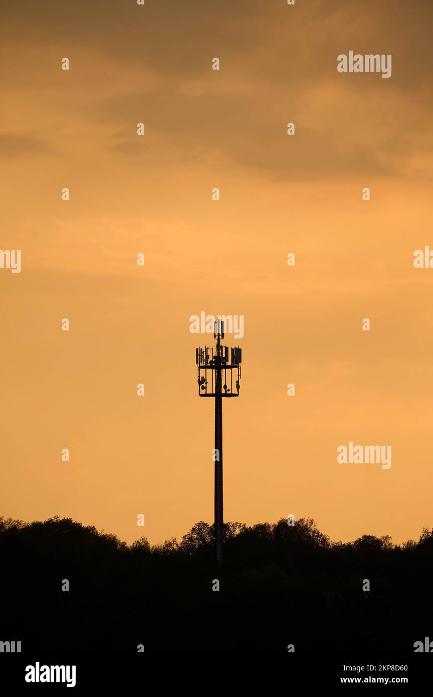 Mobiler Mast, Wald, Sonnenuntergang, Bayern, Deutschland, Europa Stockfoto
