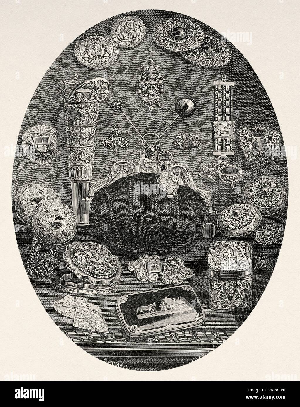 Juwelen von Bauern und Bauern aus Zeeland. Niederlande, Europa. Ausflug nach Zeeland mit Charles De Coster 1873 Stockfoto