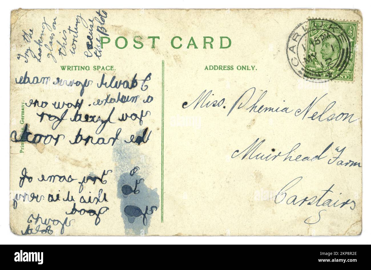 Rückseite der ursprünglichen Postkarte. Vom/veröffentlicht am 1. Mai 1912 Stockfoto
