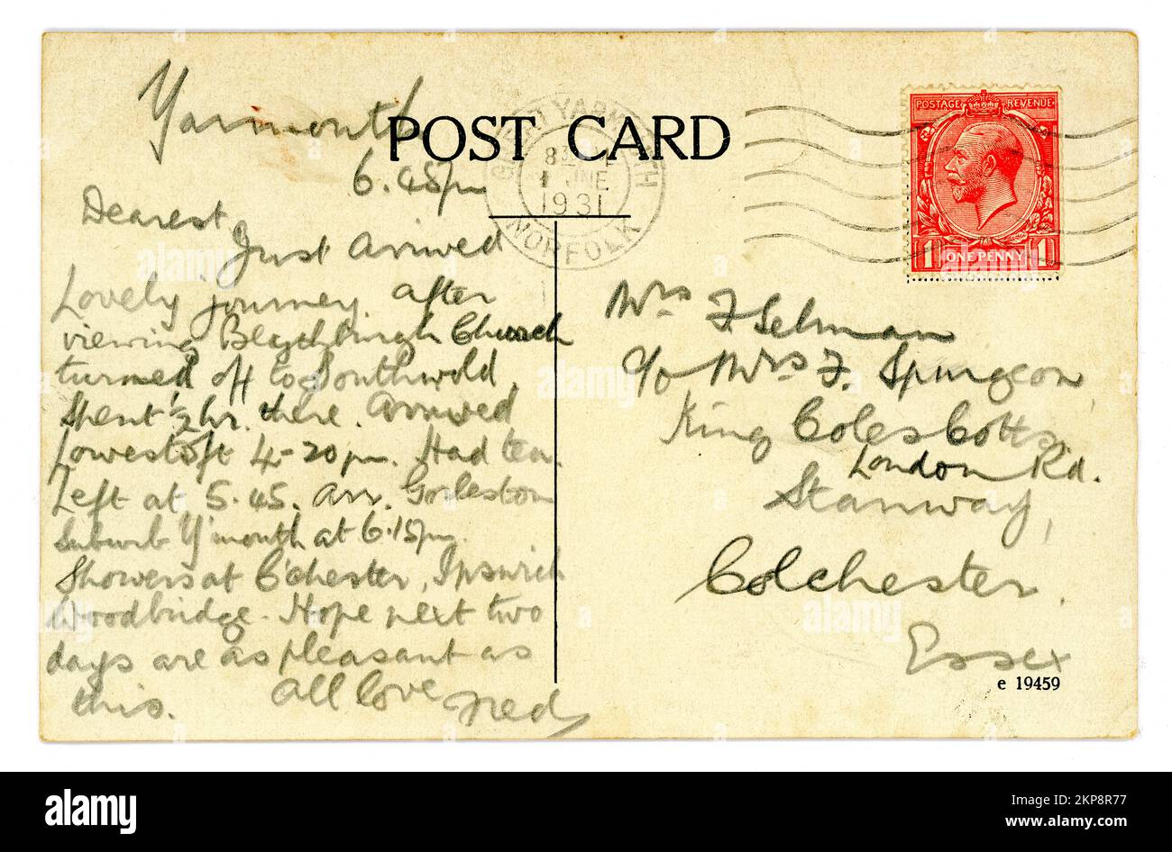 Rückseite der originalen Grußkarte Postkarte aus Norfolk, Großbritannien Diese Karte hat einen Poststempel mit dem Stempel 1D (ein Penny), roter König George V. (nach der Veröffentlichung verwendet). Veröffentlicht/datiert am 1. Juni 1931. Stockfoto