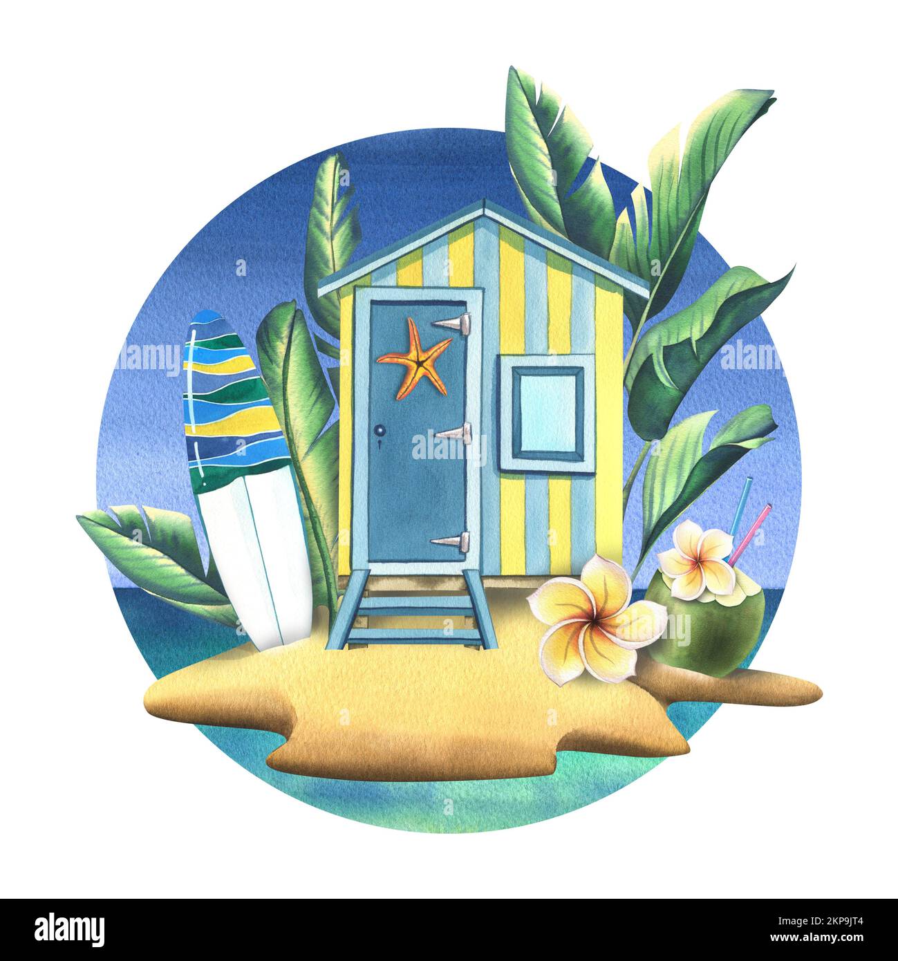 Strandhaus aus Holz auf einer Insel mit tropischen Blättern, Surfbrett, Kokosnuss-Cocktail, Plumeria-Blume und Seesternen. Aquarelldarstellung. Zusammensetzung Stockfoto