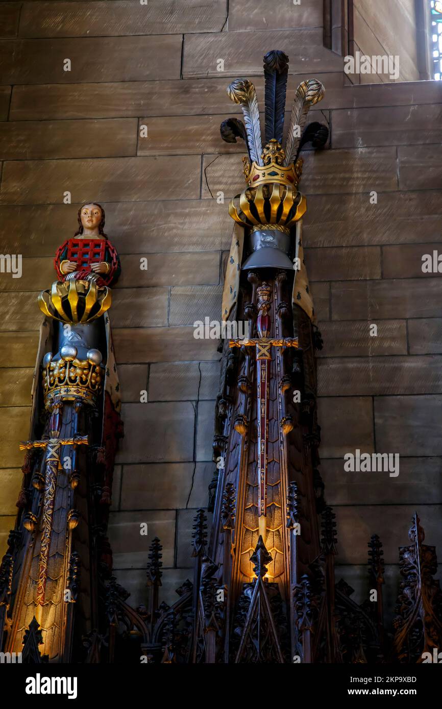 EDINBURGH, GROSSBRITANNIEN - 10. SEPTEMBER 2014: Dies ist ein Teil des Inneren der Kapelle des Ordens der Distel in der schottischen Kathedrale. Stockfoto