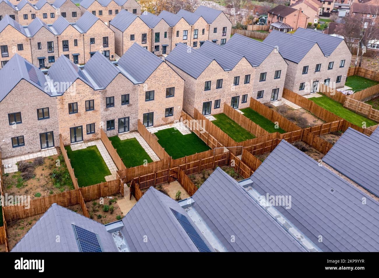 Luftaufnahme von Reihen energiesparender, modularer Reihenhäuser im Neubau in Großbritannien mit charakterlosem Design für Erstkäufer Stockfoto
