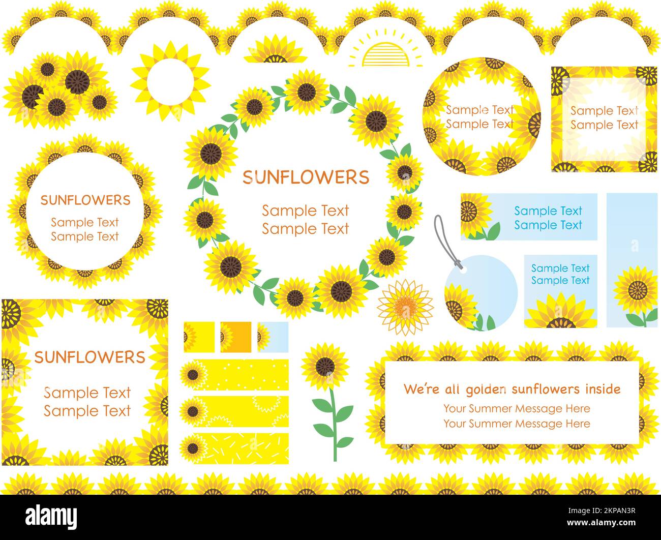 Set aus Rahmen, Rahmen, Tags und Hintergründen für Sonnenblumen. Vektordarstellung isoliert auf weißem Hintergrund. Stock Vektor