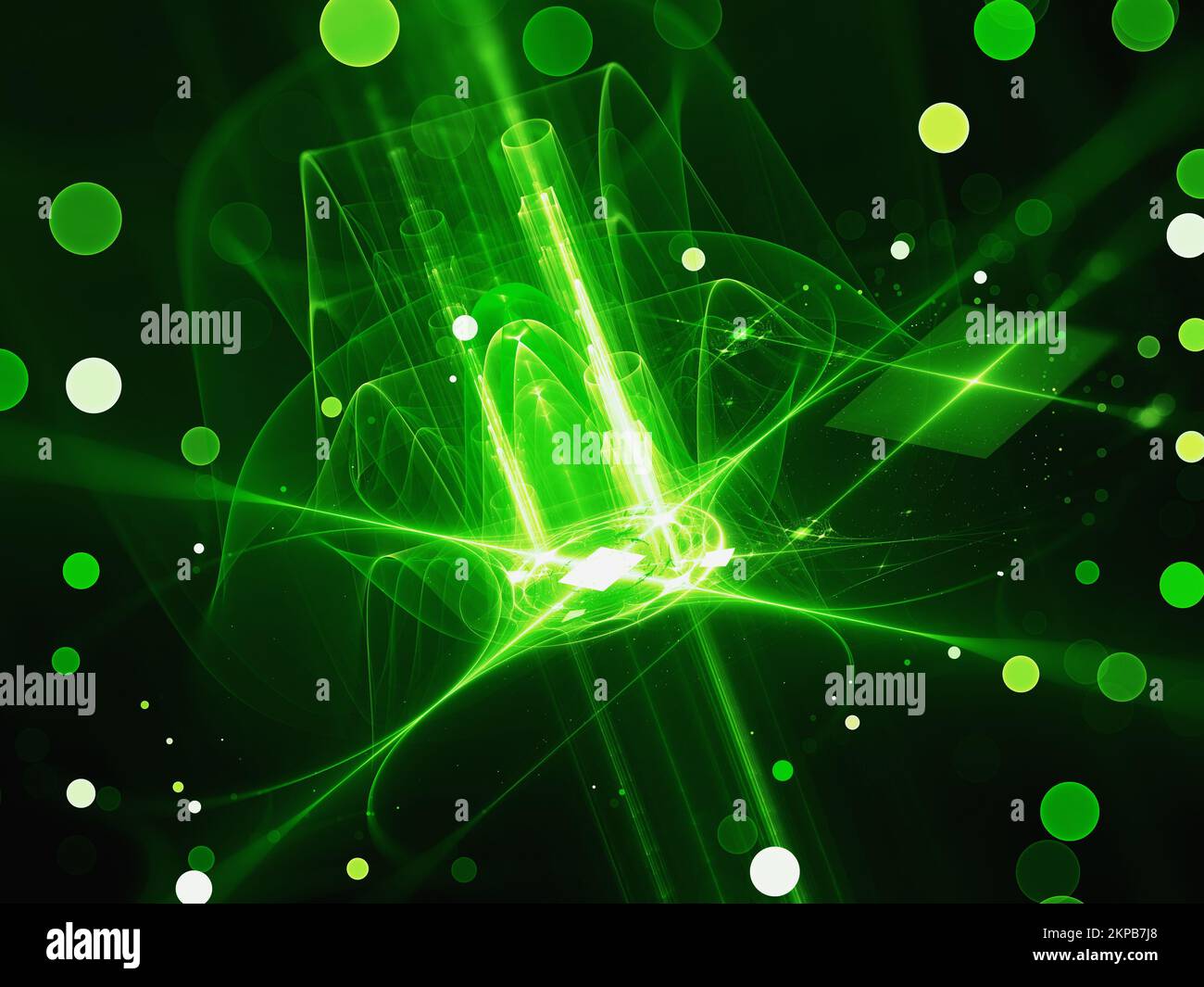 Grün leuchtender futuristischer Quantenprozessor mit Partikeln, computergenerierter abstrakter Hintergrund, 3D-Rendering Stockfoto