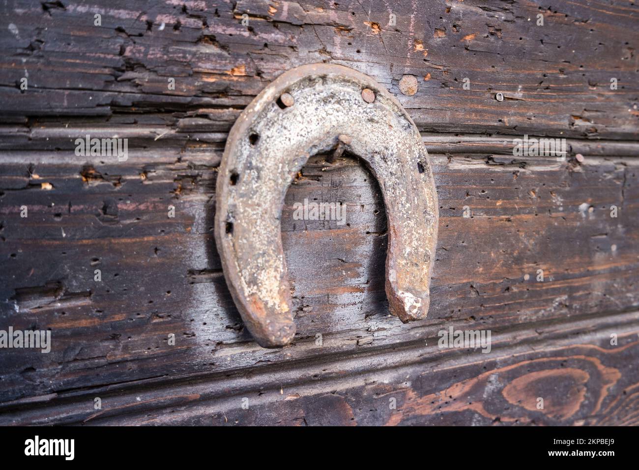 Altes Hufeisen an einer Holzwand Stockfoto