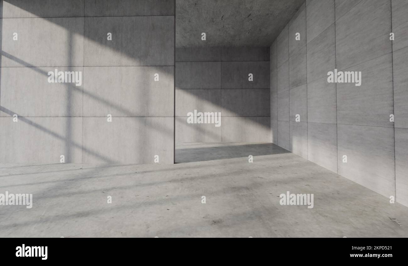Moderner Innenraum aus Beton. Leere Wände und Sonnenlicht werfen Schatten. 3D-Rendering Stockfoto