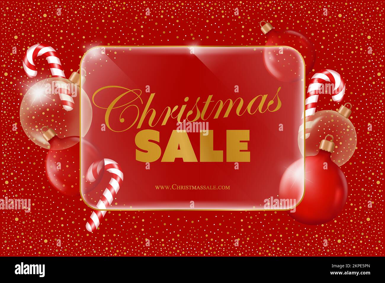 Rotes Weihnachtsbanner mit dekorativen Glaskugeln und Lollipop-Süßigkeiten. Vektordarstellung in einem realistischen 3D-Stil Stock Vektor