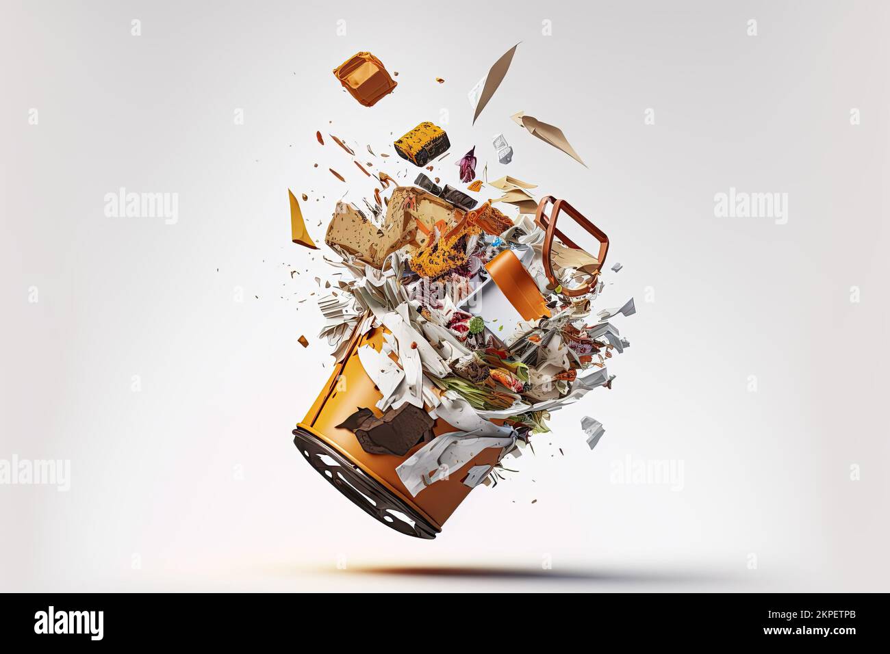 Ein Bild eines mit Müll gefüllten Müllbehälters wird auf weißem Hintergrund angezeigt. Stockfoto