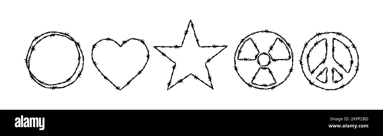 Satz Stacheldrahtrahmen. Handgezeichnete Vektordarstellung im Skizzenstil. Design-Element für Militär, Sicherheit, Gefängnis, Sklaverei-Konzepte Stock Vektor