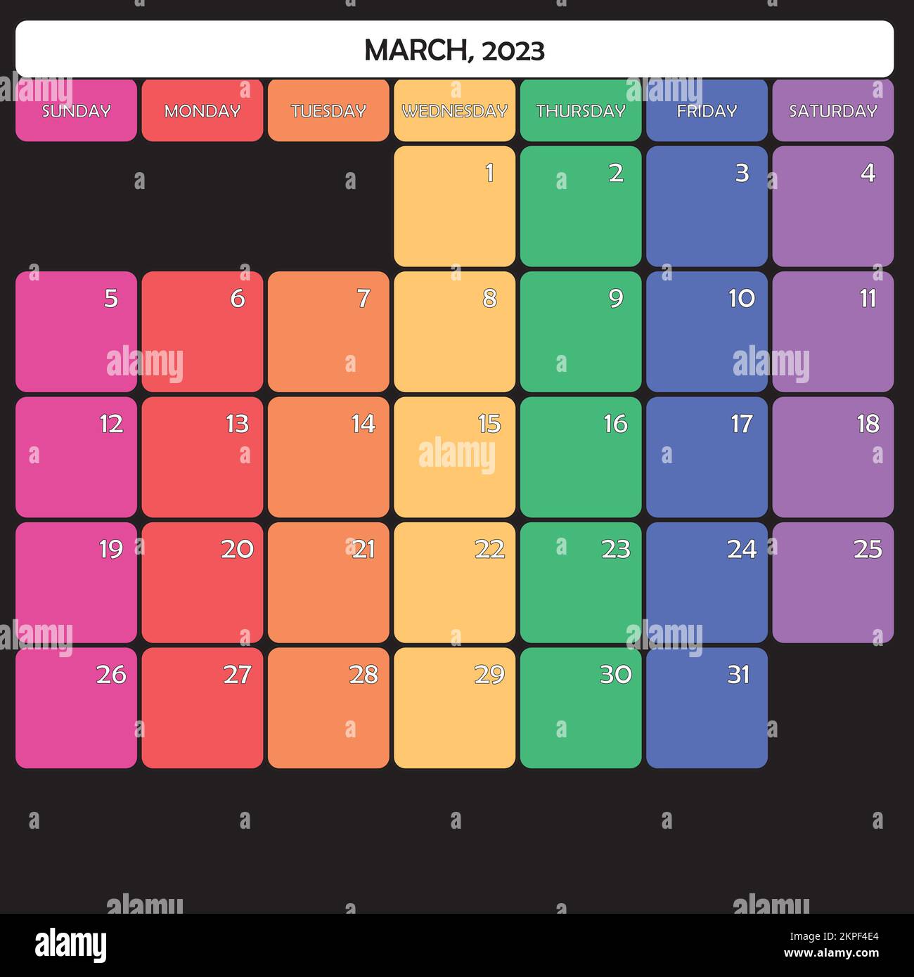 März 2023 Planer Kalender großer bearbeitbarer Raum Farbtag Stock Vektor